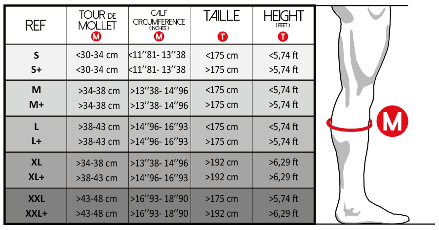 Tableau de tailles manchons de compression